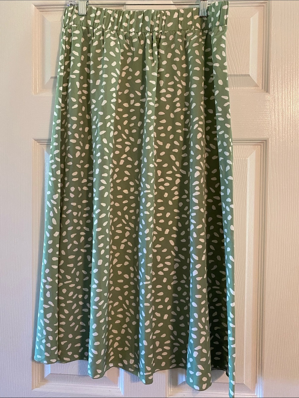 Midi A-Line Skirt in Sage Green with White Print
